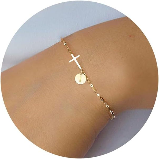 Sotcking Stuffers for Teens, Cross Bracelet for Women Dainty Cross Bracelet with Initials Link Chain Bracelets Christian Gifts for Women Teens Easter Baptism Religious Jewelry