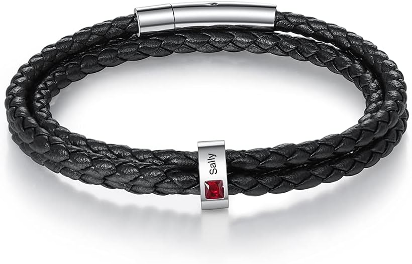 kaululu Custom Leather Bracelet for Men with 1/2/3/4/5/6/7/8 Birthstones Engraved Stainless Steel Beads Personalized Names Bracelet for Father's Day Christmas Thanksgiving Gift for Men