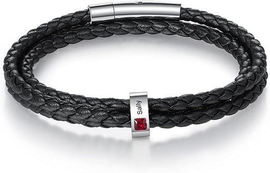 kaululu Custom Leather Bracelet for Men with 1/2/3/4/5/6/7/8 Birthstones Engraved Stainless Steel Beads Personalized Names Bracelet for Father's Day Christmas Thanksgiving Gift for Men
