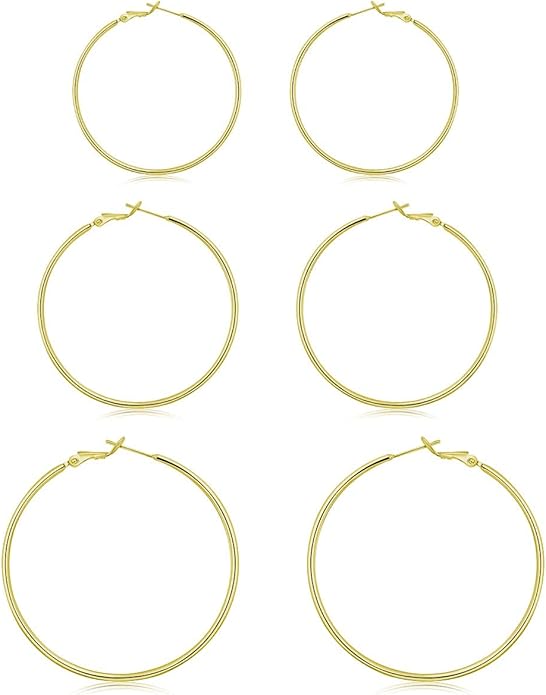 3 Pairs Sterling Silver Hoop Earrings, 14K White Gold Plated Big Hoop Earrings Set for Women 40 50 60MM