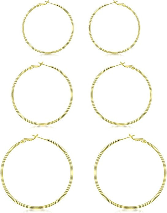 3 Pairs Sterling Silver Hoop Earrings, 14K White Gold Plated Big Hoop Earrings Set for Women 40 50 60MM