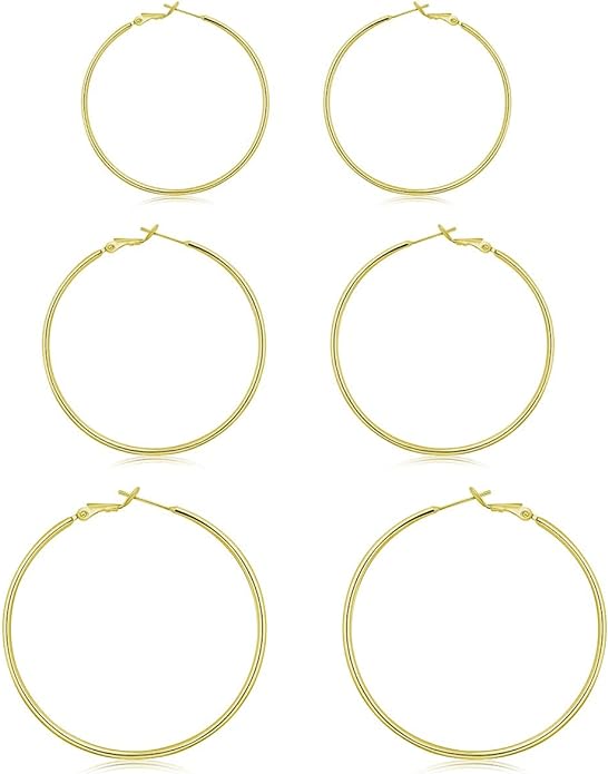 3 Pairs Sterling Silver Hoop Earrings, 14K White Gold Plated Big Hoop Earrings Set for Women 40 50 60MM