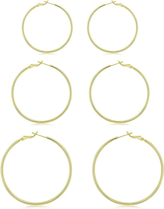 3 Pairs Sterling Silver Hoop Earrings, 14K White Gold Plated Big Hoop Earrings Set for Women 40 50 60MM