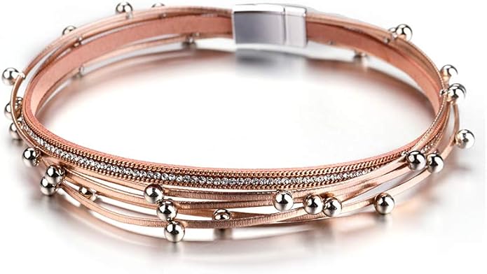 Fesciory Leather Wrap Bracelets for Women, Boho Leopard Multi-Layer Crystal Beads Cuff Bracelet Jewelry