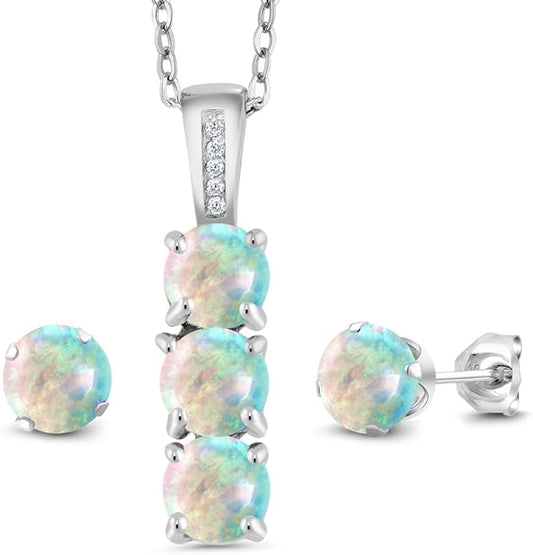 Gem Stone King 925 Sterling Silver 5MM Gemstone Birthstone and White Diamond 3-Stone Pendant and Earrings Jewelry Set For Women | With 18 Inch Chain