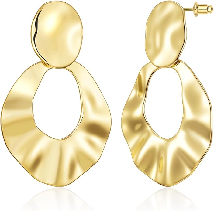 Hefanny Large Hammered Teardrop Dangle Earrings Geometric Chunky Flower Earrings Women's Trendy Statement Jewelry Multiple Styles