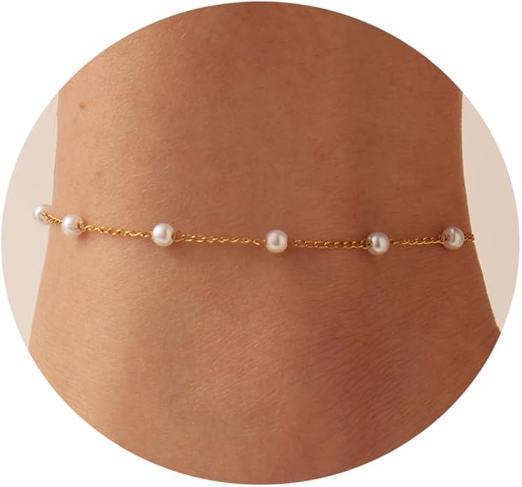 Ankle Bracelets for Women Dainty 18K Gold Plated Anklet Waterproof Round Beaded Paperclip Herringbone Pearl Chain Anklets Waterproof Beach Foot Jewelry