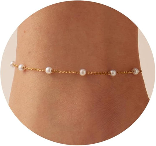 Ankle Bracelets for Women Dainty 18K Gold Plated Anklet Waterproof Round Beaded Paperclip Herringbone Pearl Chain Anklets Waterproof Beach Foot Jewelry