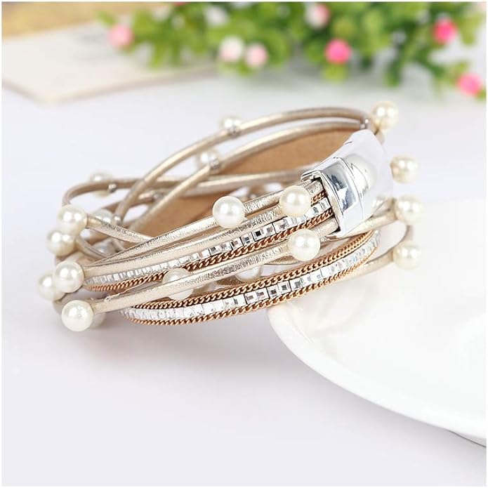 Fesciory Leopard Bracelet for Women, Boho Leather Wrap Multi-Layer Pearl Crystal Bracelet Bangle Jewelry
