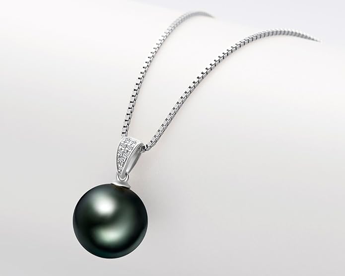 DENGGUANG 18K Gold Natural Black Pearl Pendant Necklace Pendant with Diamond 10-11mm Genuine Tahitian Cultured Round Pearls Jewelry Gifts for Women with 18" Silver Chain