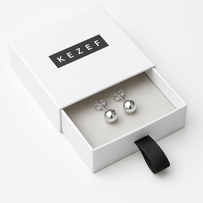 KEZEF Sterling Silver Ball Stud Earrings Hypoallergenic Earrings for Women | Available in Sterling Silver, Rose Gold, or 14K Gold Plated Silver (2mm-10mm)