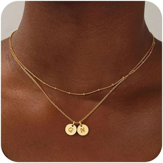 Turandoss Gold Initial Necklaces for Women - Dainty 14K 14K-Gold-Plated Layered Two Letter A-Z Stack Disc Initial Necklace Trendy, Birthday Personalized Gifts for Women Teen Girls Jewelry