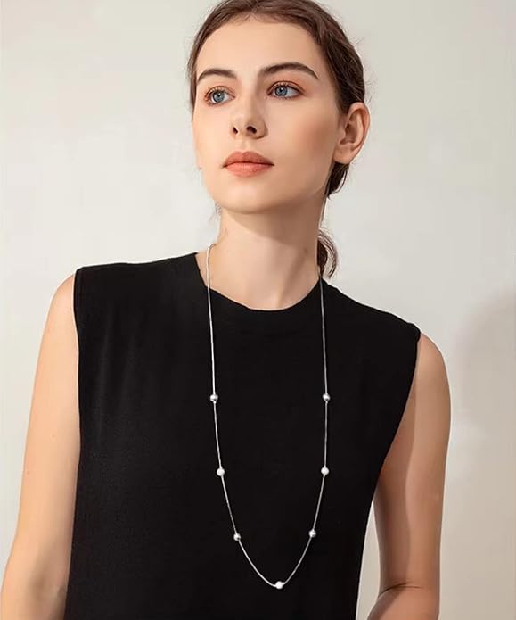 Silver Layered Long Necklace for Women Pearl Crystal Sweater Strand Chain Necklaces Fashion Gifts