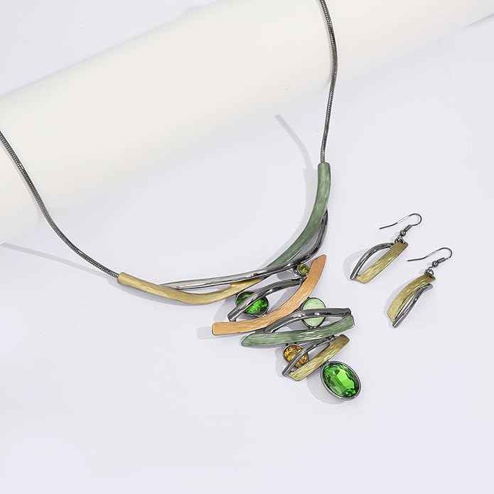 Chunky Statement Jewelry Set Vintage Retro Leaf Flower Floral Geometric Bohemian Boho Bib Necklace Earring Set Fashion Costume Jewelry for Women Girls Wedding Party Prom Unique Gift