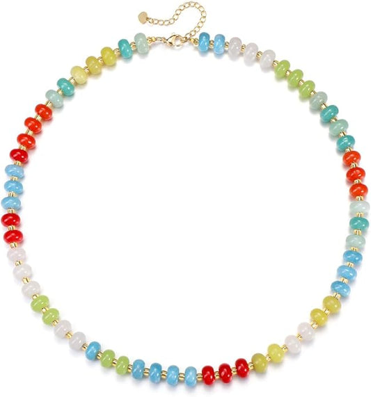 CrystalTears Beaded Gemstone Necklace for Women, Womens Colorful Boho Stone Bead Choker Necklace, Handmade Natural Crystal Stone Summer Beach Jewellery Gifts for Women Mom Christmas