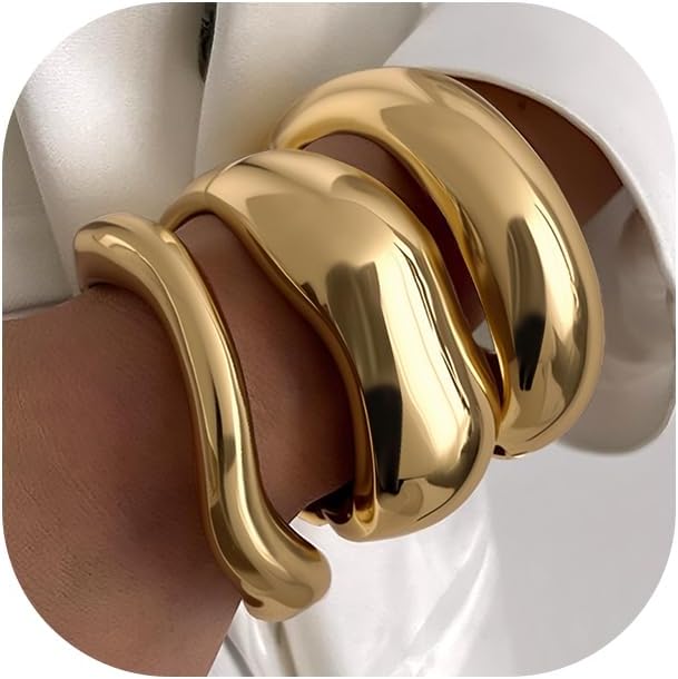 Chunky Gold Bangle Bracelets for Women, 14k Dainty Gold Cuff Stackable Bracelet Set, Trendy Bracelet Stack Fashion Jewelry Gifts