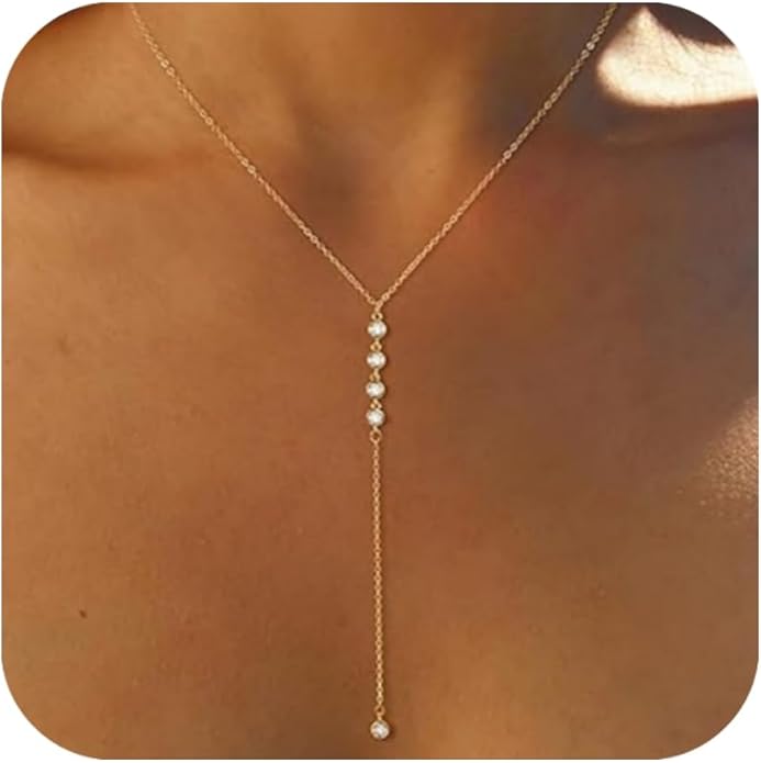 14K Gold Plated Y Necklace for Women – Dainty Lariat Long Pendant Chain, Layered Drop Necklace for V Neck Dress, Simple Sexy Cleavage Jewelry Gifts for Women