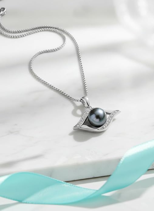 KANNSOAR Tahitian Black Pearl Pendant Necklace AAAA 18K White Gold Plated 925 Sterling Silver Black Pearl Jewelry Gift for Women Mother Wife Her for Anniversary Christmas Birthday
