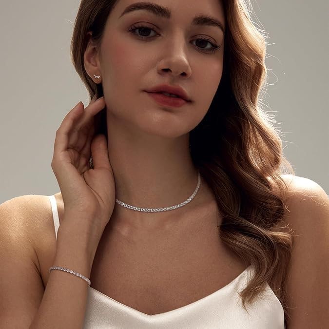 Tennis Necklace Bracelet for Women Silver Necklace Bracelet Earrings Jewelry Set for Women Party Prom Wedding Jewelry for Bride Bridesmaids Cubic Zirconia Tennis Choker Necklace Link Bracelet Stud Earrings Jewelry Set Accessories