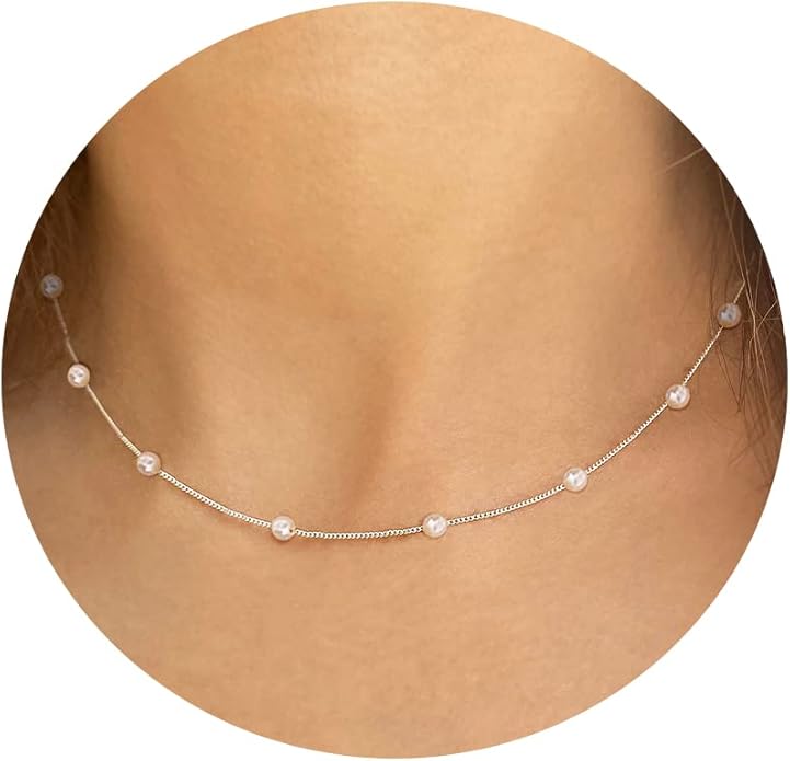 Gold Pearl Necklace for Women, 14K Gold Plated Layered Pearl Necklaces for Women Trendy Simple Herringbone Chain Pearl Necklace for Women Gold Jewelry Gifts