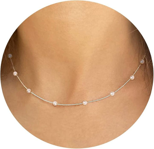 Gold Pearl Necklace for Women, 14K Gold Plated Layered Pearl Necklaces for Women Trendy Simple Herringbone Chain Pearl Necklace for Women Gold Jewelry Gifts