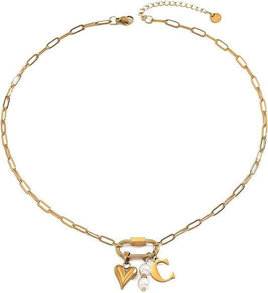 Gold Heart Initial Necklaces for Women 18K Gold Plated Dainty Pearl Letter Necklace Personalized Monogram Name A-Z Pendant Everyday Jewelry for Women