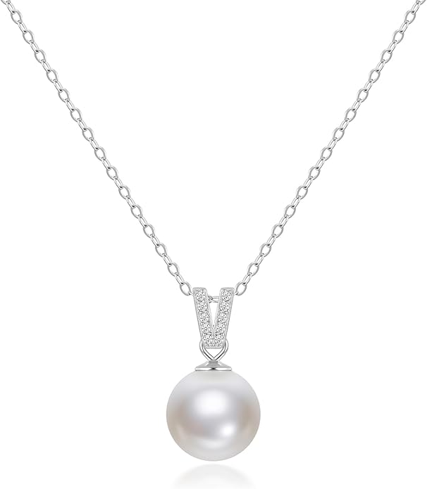 Mameloly Pearl Necklaces for Women Trendy 925 Sterling Silver Dainty V CZ Pendant 10MM/12MM Single Simulated White Pearl Choker Necklace for Women Wedding Cute Jewelry
