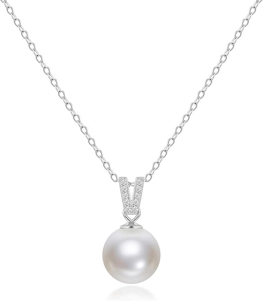 Mameloly Pearl Necklaces for Women Trendy 925 Sterling Silver Dainty V CZ Pendant 10MM/12MM Single Simulated White Pearl Choker Necklace for Women Wedding Cute Jewelry