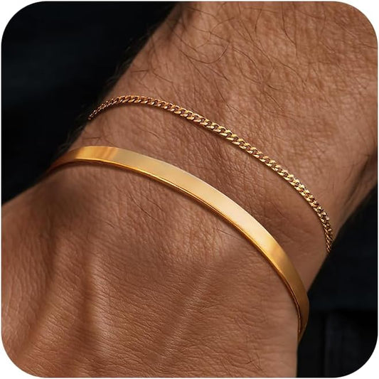 Moodear Stackable Bracelets for Men - Dainty 925 Sterling Silver/14K Gold Plated Cuff Snake Box Cuban Link Chain Bangle Bracelet Set Mens Jewelry