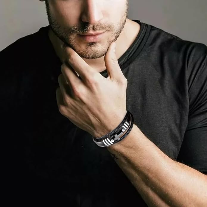 Cross Leather Bracelet For Men Multilayer Braided Memorial Wristband Bangle Stainless Steel Buckle Religious Activities Holiday Gifts