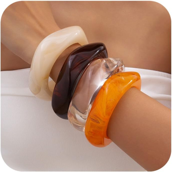 Acrylic Chunky Bangle Bracelets for Women, Irregular Punk Acrylic Resin Bangle Geometric Cuff Wide Wristband Bracelet Fashions Thick Acetate Statement Jewelry Set