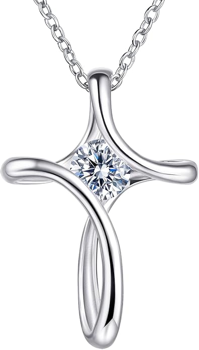 NINAMAID Cross Necklace for Women, 925 Sterling Silver Birthstone Necklace for Women with Diamond Sideways Cross Necklaces Birthstone Jewelry Birthday Gifts for Womens