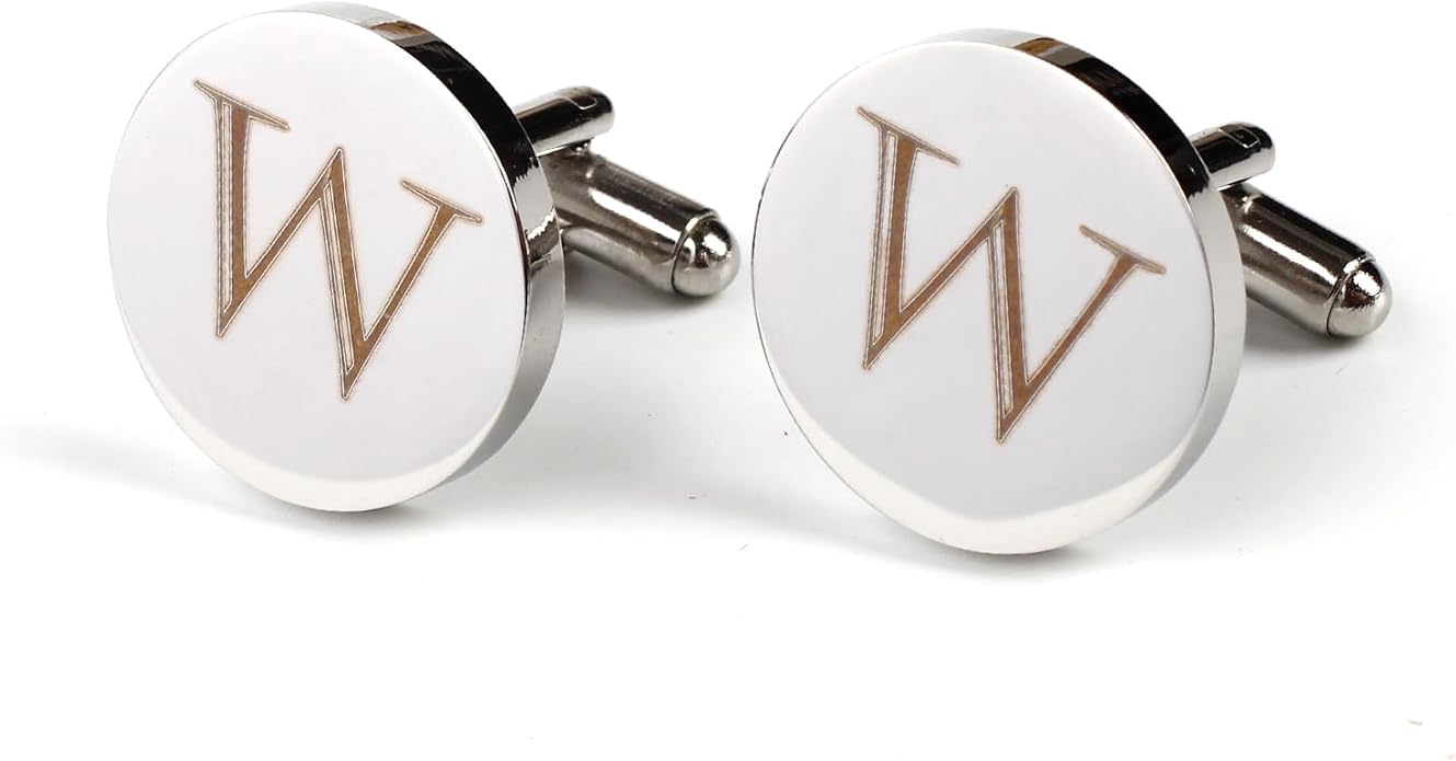 Mens Initial Silver Cufflinks A-Z Alphabet Letter Steel Cuff Links with Engraved Walnut Wood Box Groom Groomsman Wedding Set…