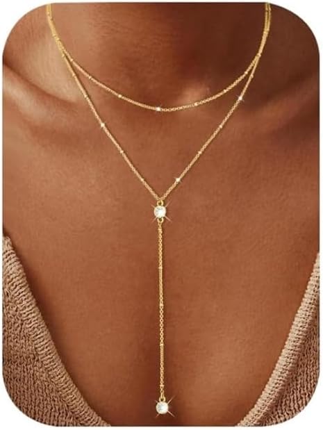 14K Gold Plated Y Necklace for Women – Dainty Lariat Long Pendant Chain, Layered Drop Necklace for V Neck Dress, Simple Sexy Cleavage Jewelry Gifts for Women