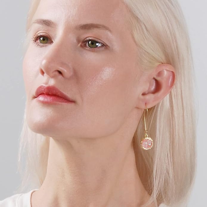 Simulated Druzy Threader Drop Earrings for Women - Gold, Silver, or Rose Gold Tone Trendy Boho Dangles with Sparkly Round Stone