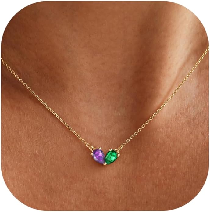 KOHOTA Gold Birthstone Necklace for Women Non Tarnish 14K Gold Plated CZ Heart Pendant Necklaces Dainty 2 Birthstones Emerald Green Charm Necklace for Mother and Daughter Birthday Jewelry Gifts
