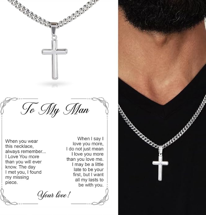 SUTERY Cross Cuban Chain Necklace - Promise Necklace for Him, Necklace for Boyfriend, Mens Necklace for Fiance, Valentine's Day