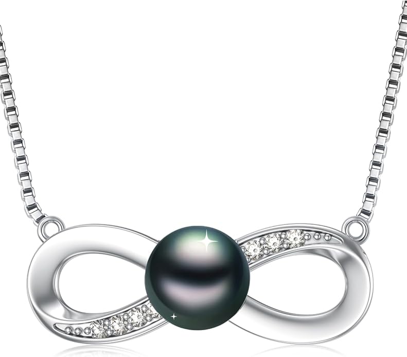 Tahitian Black Pearl Necklace Infinity Gifts for Women Wife Wedding Birthday Anniversary Jewelry Valentines Christmas Day Gifts 925 Sterling Silver
