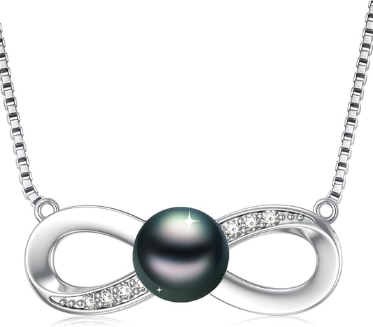 Tahitian Black Pearl Necklace Infinity Gifts for Women Wife Wedding Birthday Anniversary Jewelry Valentines Christmas Day Gifts 925 Sterling Silver