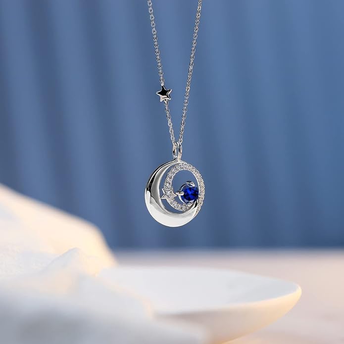 FANCIME Birthstone Necklaces 925 Sterling Silver Moon and Star Pendant Fine Jewelry Birthday Christmas Gifts for Mom Wife Her Daughter, Adjustable Chain 16+2"