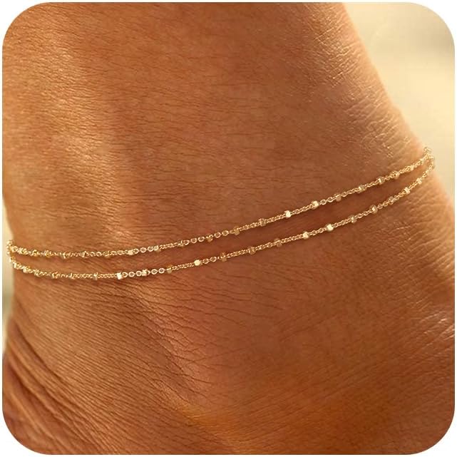 Ritach Ankle Bracelets for Women - Silver/Gold Plated Stainless Steel Anklets for Women Waterproof Layered Cuban Link Figaro Chain Heart Anklets Set Summer Beach Jewelry Gifts