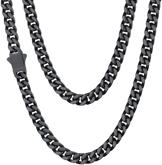 ChainsHouse Stainless Steel Mens Cuban Link Chain, Black/ 18K Gold Plated Miami Cuban Chain Necklace, 5mm/7mm/9mm/12mm/14mm Width, No Tarnish& Durable Hip Hop Mens Jewelry, 18"-30", Send Gift Box