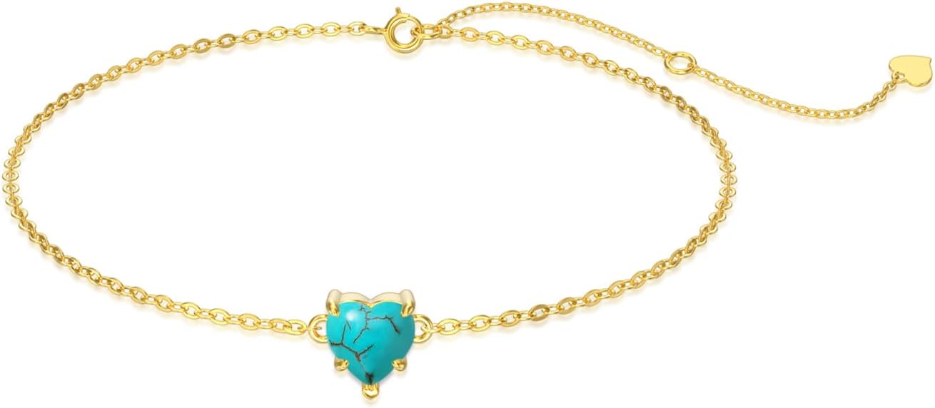 14k Gold Love Heart Gemstone Bracelet for Women,7MM Heart-cut Created Birthstone Anniversary Birthday Mother's Day Bracelets Jewelry for Mom Her 6.5''+2''
