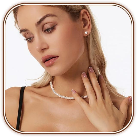Zeffy Gold Pearl Necklace for Women, Dainty 14K Gold/Silve Plated Layered Pearl Choker Pearl Earrings Pearl Bracelets Wedding Trendy Gold Jewelry Set for Women Gifts