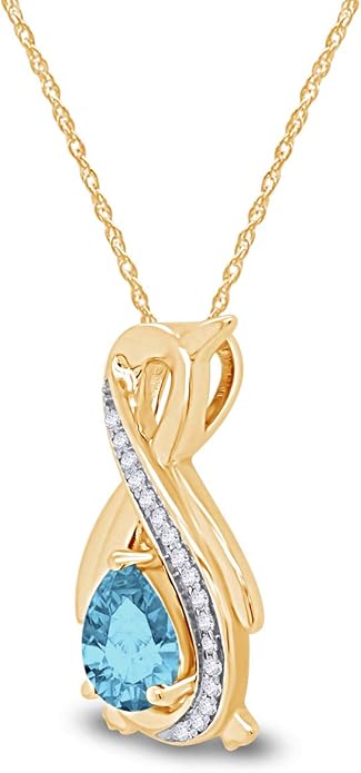 Infinity Penguin Pendant Necklace for Women, 14K Gold Over Sterling Silver with Pear & Round Cut Simulated Birthstone & White Diamond Accents, Dainty Animal Jewelry Gift with 18" Chain