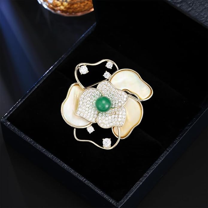 14K Gold Mother of Pearl Camellia Brooch, Luxury Moissanite Flower Pin, Sophisticated Accessory for Dinners and Parties