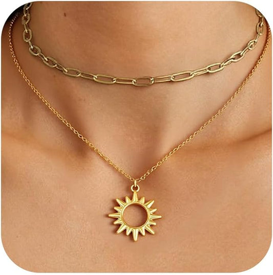 Sunflower Jewellery Layered Gold Dragon Pendant Necklace with Chain Link Choker, Gothic Fantasy Style, Double Chain Design