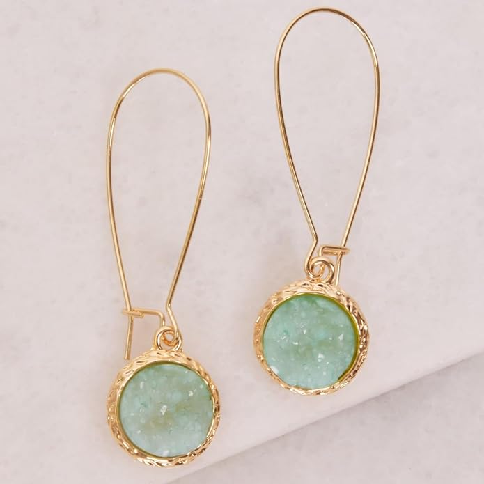 Simulated Druzy Threader Drop Earrings for Women - Gold, Silver, or Rose Gold Tone Trendy Boho Dangles with Sparkly Round Stone