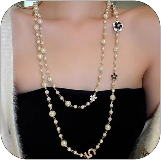 Long Pearl Necklaces for Women Pearl Long Chain Necklace Dainty Gold And Long Pearl Necklaces Layered Pearl Necklace Statement Sweater Strand Chain Jewelry