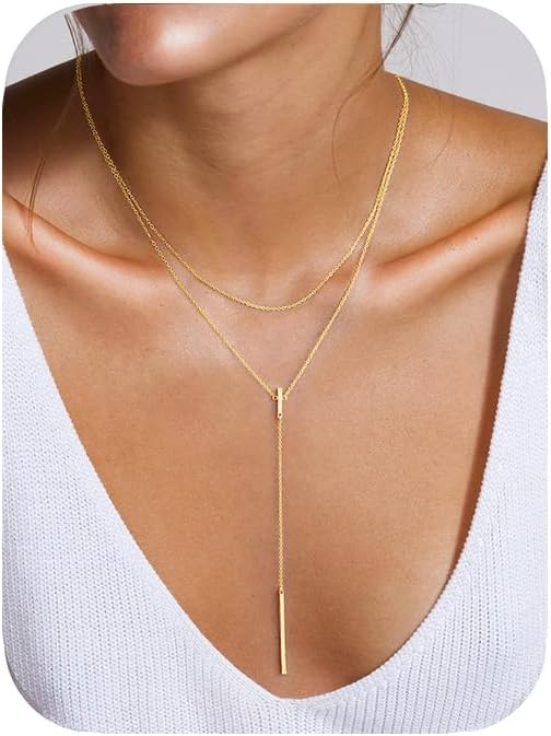 Yoosteel Long Lariat Necklace for Women - Dainty Y-Shaped Necklaces 14K-Gold-Plated Drop Chain Simple Jewelry Trendy Gifts for Women